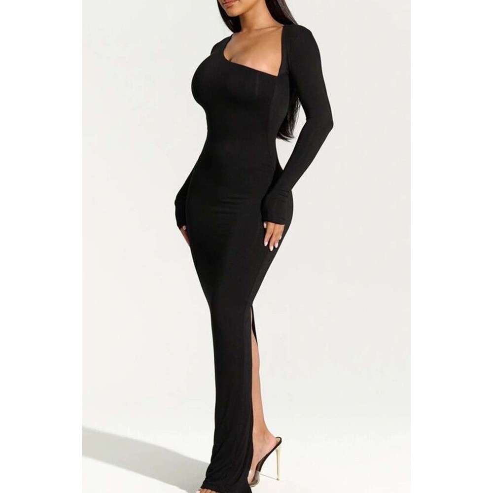 Micas Black Asymmetrical Neck Maxi Dress Elegant Bodycon Party Dress size XL